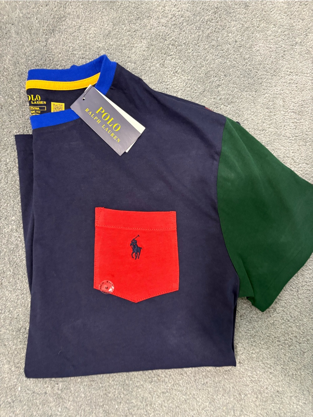Polo by Ralph Lauren Navy Tee with Red Pocket and Green Sleeve NWT